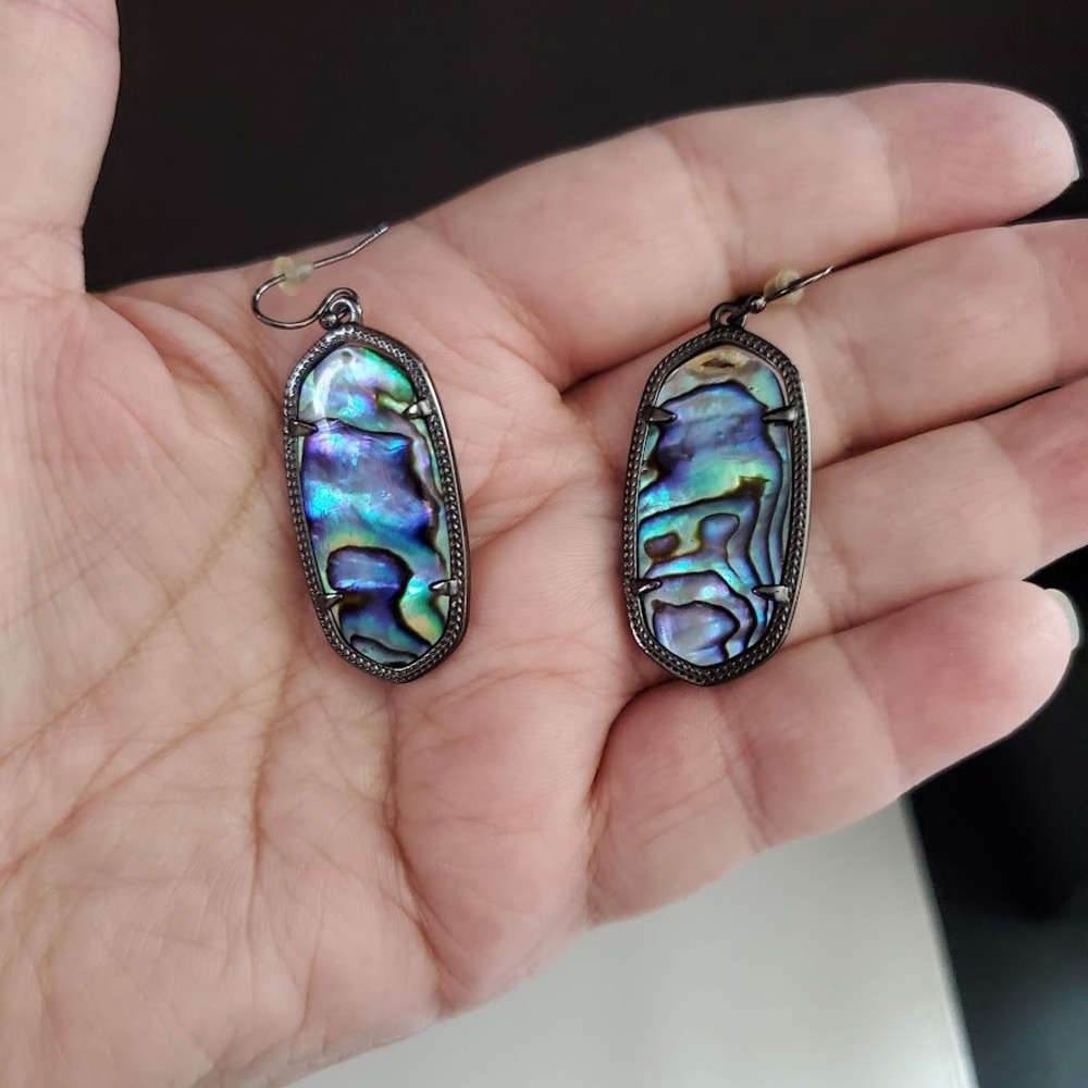 Kendra Scott Gunmetal Abalone Shell Oval Drop Earrings Blue Green Iridescent